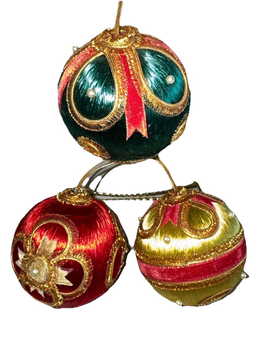 3 Vintage Japan Tagged Beaded Satin Wrapped Pushpin Christmas Ball Ornaments Red
